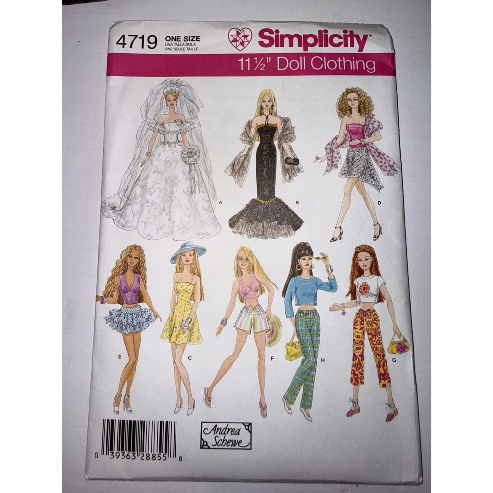 SIMPLICITY PATTERN 4719 BARBIE DOLL CLOTHES BRIDE  11 1/2" FASHION DOLL UNCUT